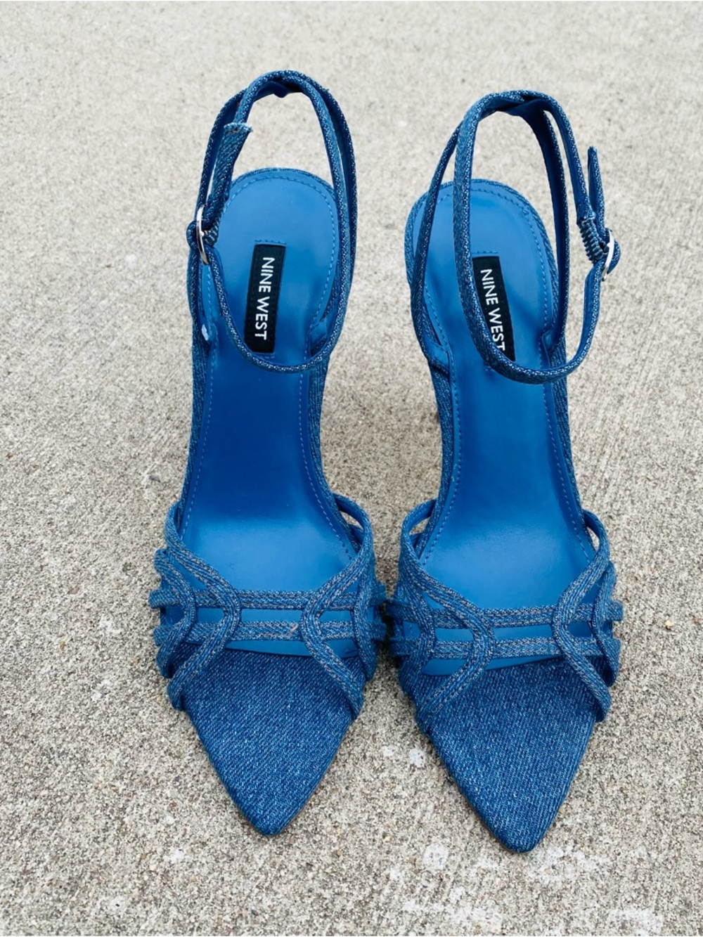 Nine West Denim Blue Pointed-Toe Braided Strap Heels